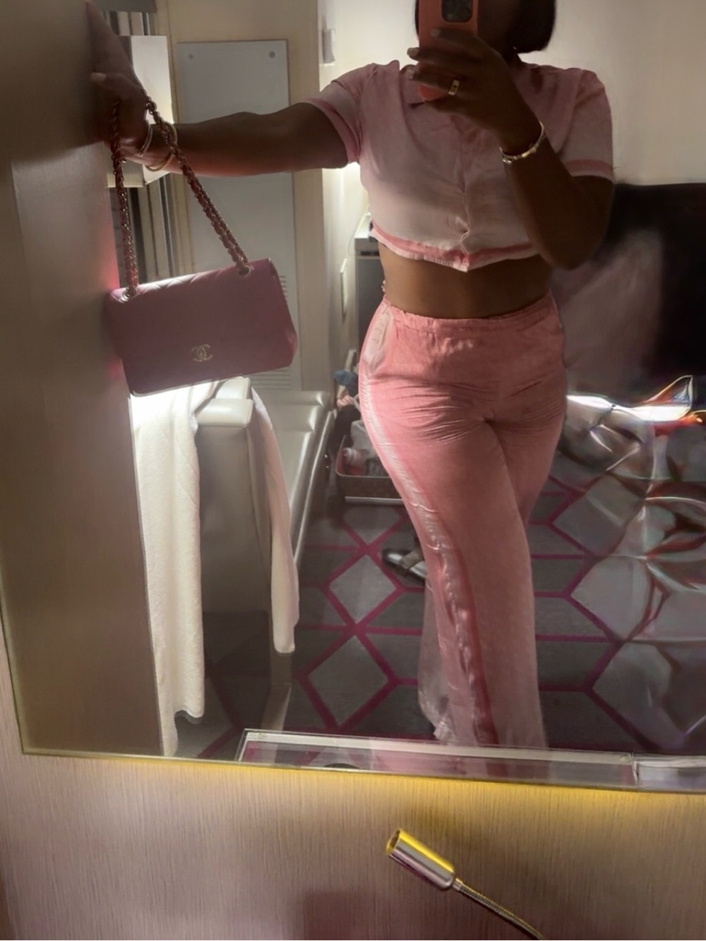 Pink Velour High-Rise Track Pants